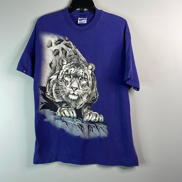 VINTAGE 90s Men’s Single Stitch Snow Leopard Graphic T-Shirt Indigo Blue Crew L - Picture 11 of 11